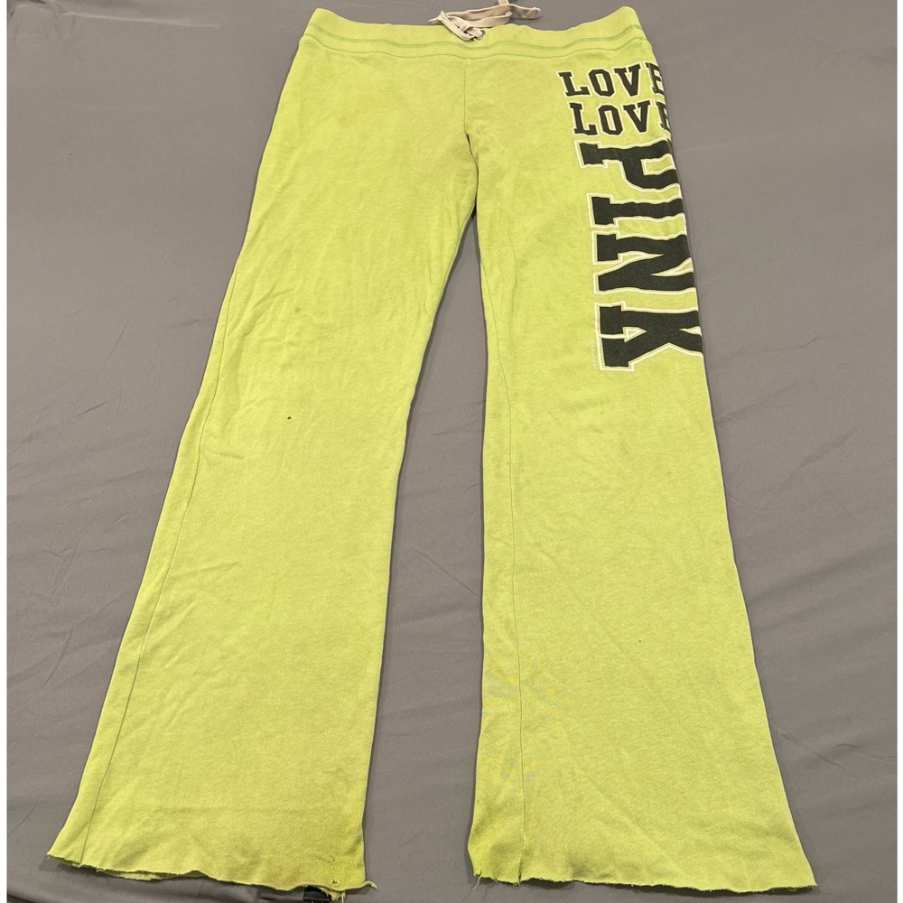 Victoria Secret PINK Neon Green Flare Sweatpants Y2K Low Rise Graphic Large